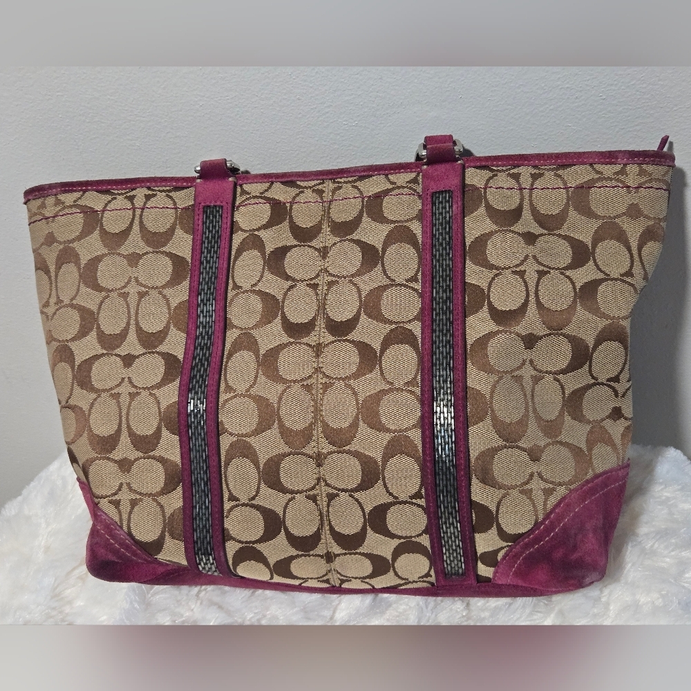 Coach Signature Canvas Tote Bag - Pink and Brown - Picture 13 of 14